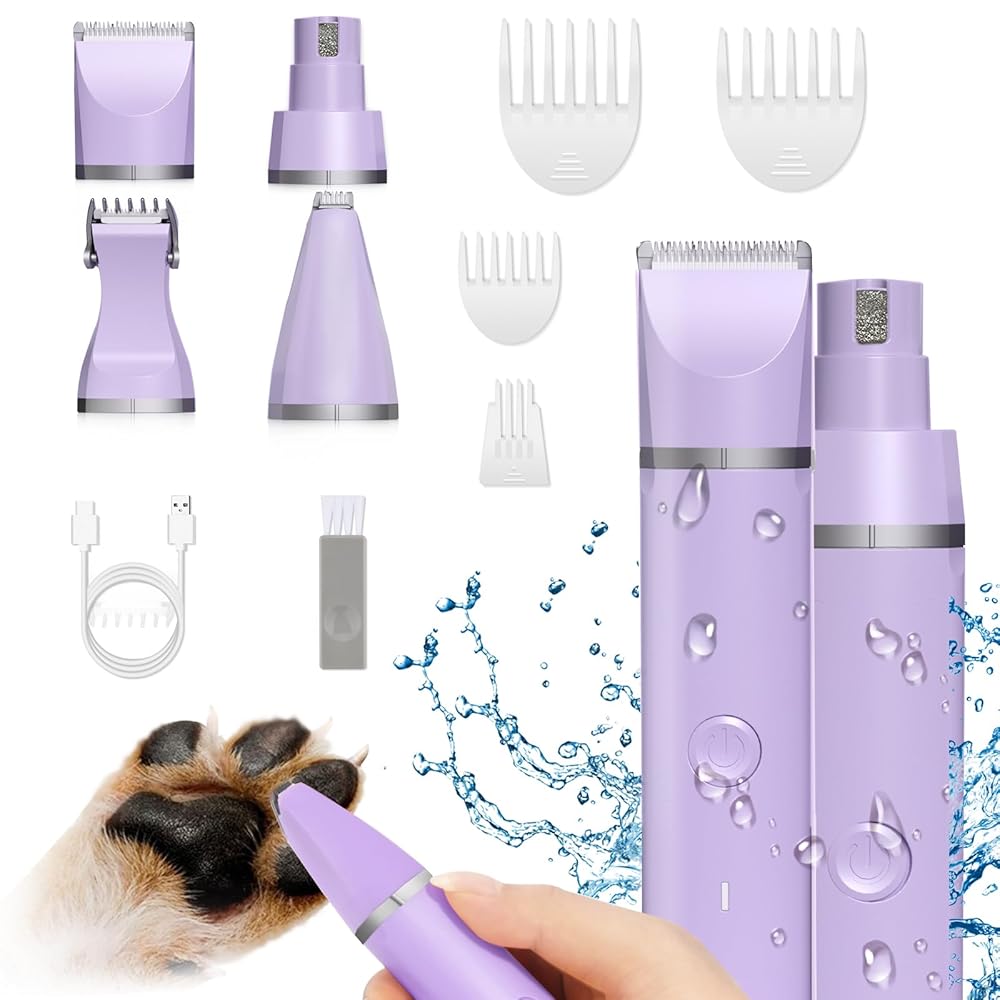 4-in-1 Canine Grooming Clippers Package – Rechargeable Electrical Cat Trimmer – Cordless Quiet Pet Nail Grinder for Paws, Face, Ears, and Toenails