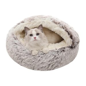 Cozy Canine and Cat Cave Mattress with Hooded Cowl, Washable Spherical Beds for Small to Medium Pets, Non-Slip Fake Fur Fluffy Design for Higher Sleep, Appropriate for Pets as much as 15/25 lbs