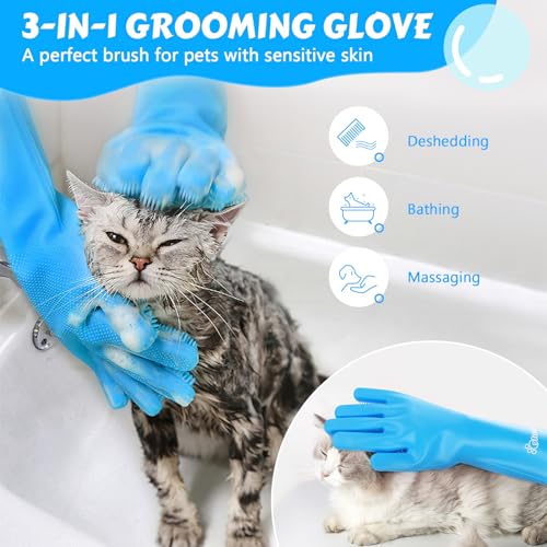 Pecute Pet Grooming Gloves - Warmth-Resistant Silicone with Excessive-Density Bristles, 5-Finger Design for Bathing and Massaging Canine and Cats, Blue